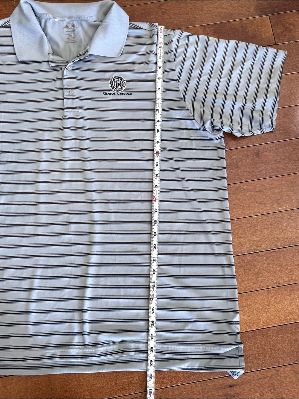 adidas Geneva National Golf Men's Light Blue Polo with Navy Stripes